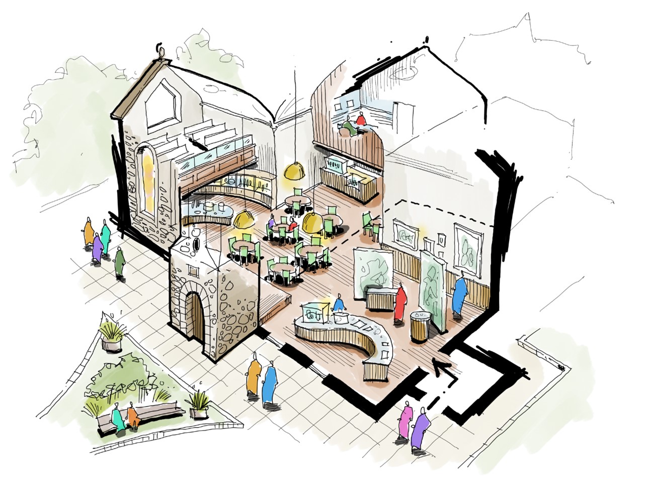 Illustration showing interior layout of Elie parish church as a community space